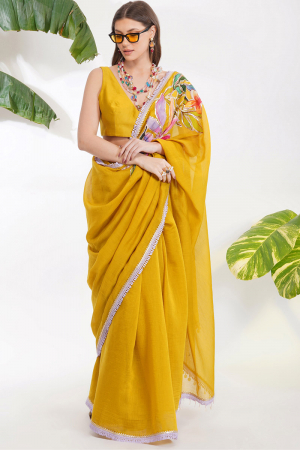 Yellow tropical flower applique saree set