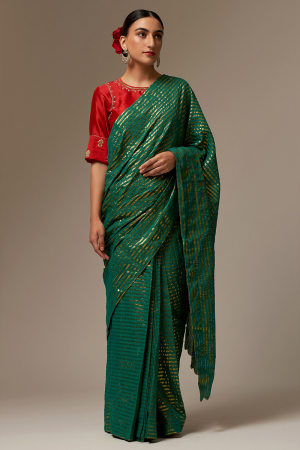 green and red cotton and silk chanderi sarees set