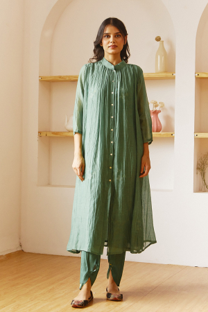 Hadwoven chanderi comfort fit emerald green co-ord set (Set of 2)