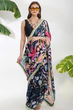 Black tropical flower printed saree set
