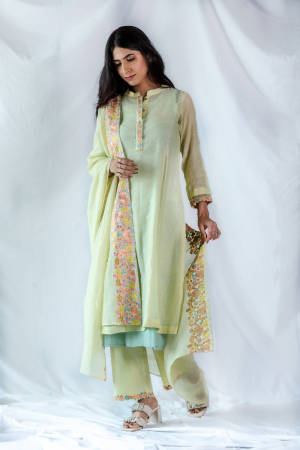 Summer Floral Embroidery Dupatta - Yellow
