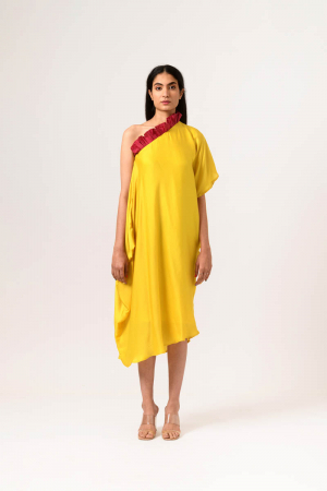Wine-Yellow One Shoulder Dress