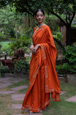 Rust orange half and half embroidered saree wih blouse (Set of 2)