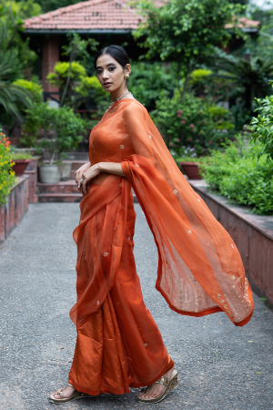 Rust Orange hand embroidered silk saree (Set of 2)