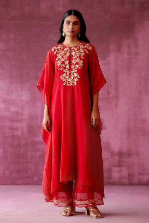 Deep Red Zardozi Embroidered Kaftan Set (Set of 2)