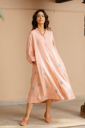 Hand Embroidered Polka Patchwork Pink Dress
