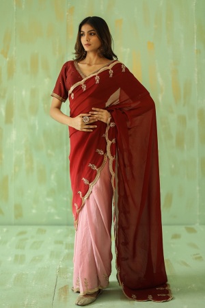 Deep Red Embroidered Ombre Saree Set