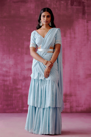 Powder Blue Embroidered Pre Sitched Saree Set