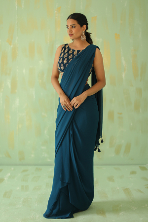 Teal Embroidered Pre Sitched Saree Set With Tassels