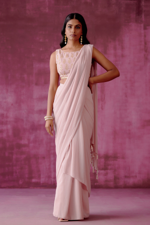 Vintage Pink Embroidered Pre Sitched Saree Set 