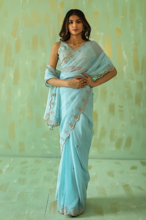 Powder Blue Embroidered Saree Set (Set of 2)