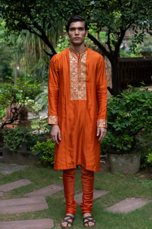 Rust Orange hand embroidered kurta set (Set of 2)