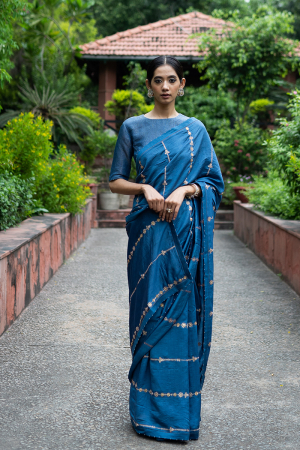Cobalt blue Hand embroidered saree with blouse (Set of 2)