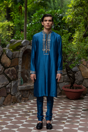 Cobalt blue hand embroidered mens silk kurta with chudi pants (Set of 2)