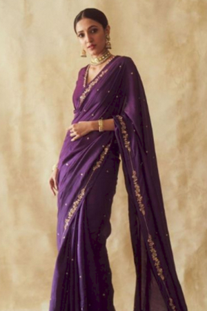 Aubergine Hand Embroidered Sari Set