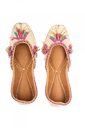 Off white Leather Brocade fabric and sequins, tassels work Jutti ( Heel Height 0.5 inch )