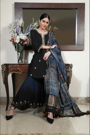 Short tunic with ombre sharara and ajrakh dupatta