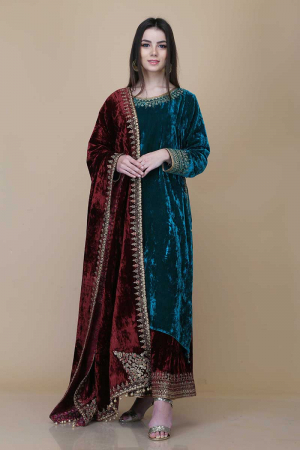 Asymmetrical velvet tunic with velvet sharara and dupatta