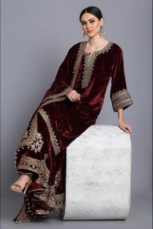 Silk velvet straight tunic with sharara and odhni