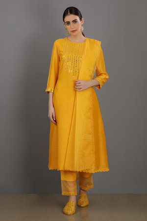 mustard  embroidered chanderi silk yahya kurta set