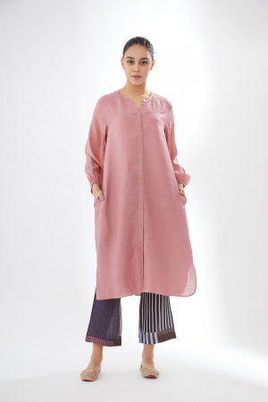 Button Up Pink Tunic Set With Contrast Trousers