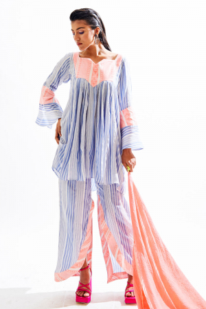 blue - peach Barcode Stripes serena suit set
