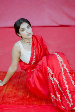 Red hand embroidered saree with blouse 