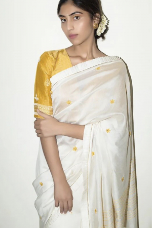 Ivory  nargis resham buti  sari with bead work blouse
