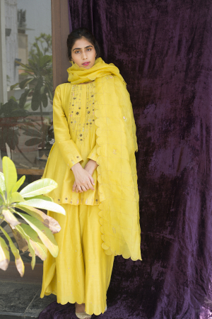 Yellow  Son Champa metallic  zari short lali kurta with sharara