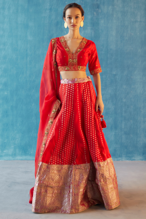 Red hand woven and georgette silk pragya lehnga set
