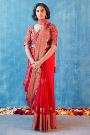 Red hand woven chanderi silk nalini saree set