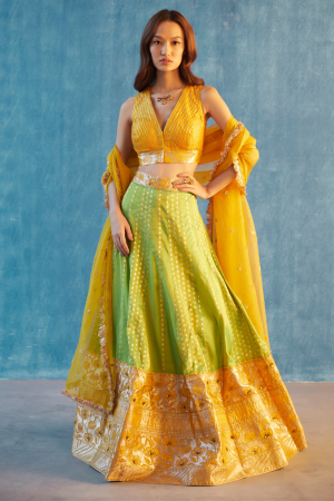 Yellow and neon green hand woven venkatagiri swati lehenga set 