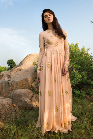Salmon pink hand embroidered worked anarkali with dupatta
