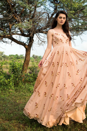 Salmon pink hand embroidered worked anarkali with dupatta