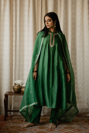 Green long kurta paired with pallazo pants & organza dupatta