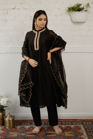 Black long kurta paired with pallazo pants & organza dupatta