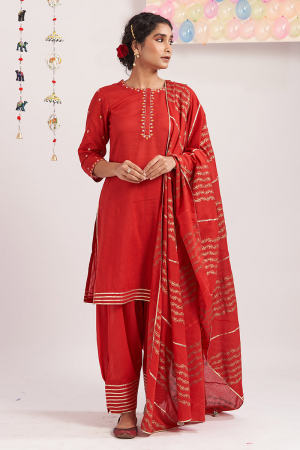 Red anardana cotton short kurta set
