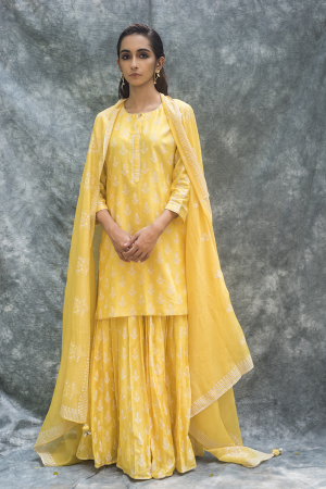 Yellow Chanderi hand block printed short kurta set