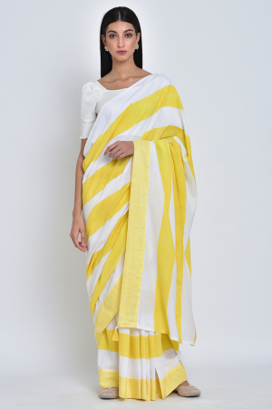 Yellow & White Ekaa Handpainted organic cotton sari