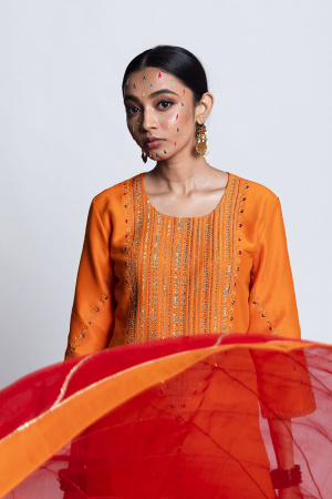 Orange and red Amroha Chaderi Silk Kurta Set 
