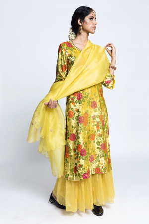 Yellow and orange Bair majra Velvet Print Sharara Set 
