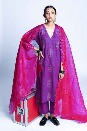 Magenta and pink Nanded Khadi Silk Kurta Set
