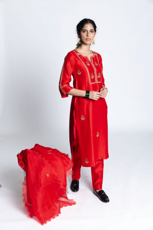 Red Gurej Chanderi Silk & Embroidered Kurta Set
