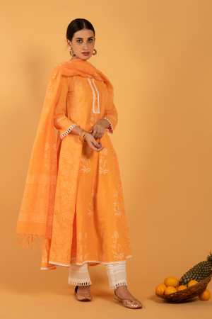 Orange Hand Printed Cotton Narangi Khari Kalidaar Kurta set