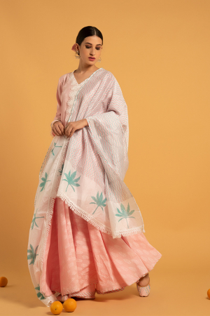 Pink Hand Printed Cotton Mandakini Gulabi Kurta Skirt Set