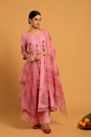 Pink Hand Printed Cotton Gulaab Bagiya Kurta set