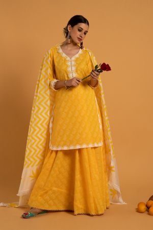 Yellow Hand Printed Cotton Mandakini Haldi Kurta Skirt Set