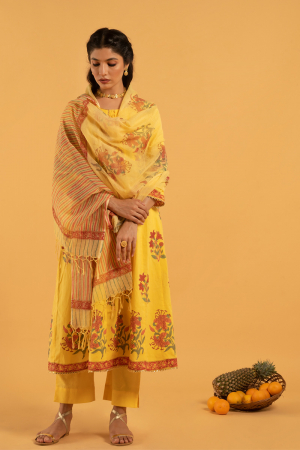 Yellow Hand Printed Cotton Basant Gulaab Kurta set