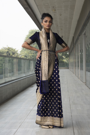 navy blue pure katan silk saree & blouse with embroidered belt.