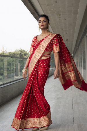 red pure katan silk saree with brocade blouse